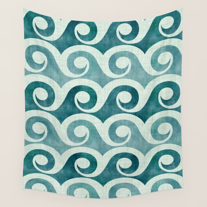 Vintage Waves Tropical Teal Geometric Pattern Wall Tapestry Gallery Image 1