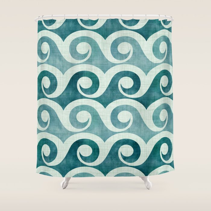 Vintage Waves Tropical Teal Geometric Pattern Shower Curtain Gallery Image 1