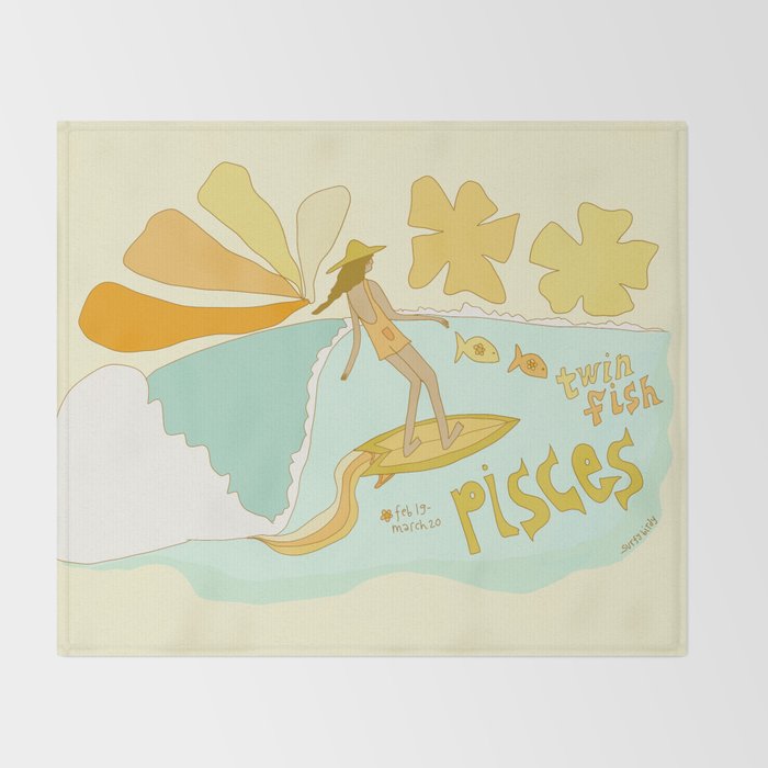 Pisces surf zodiac // retro art by surfy birdy Throw Blanket Gallery Image 2
