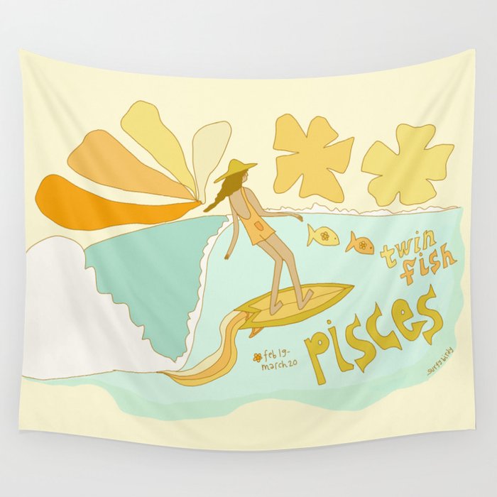 Pisces surf zodiac // retro art by surfy birdy Wall Tapestry Gallery Image 4