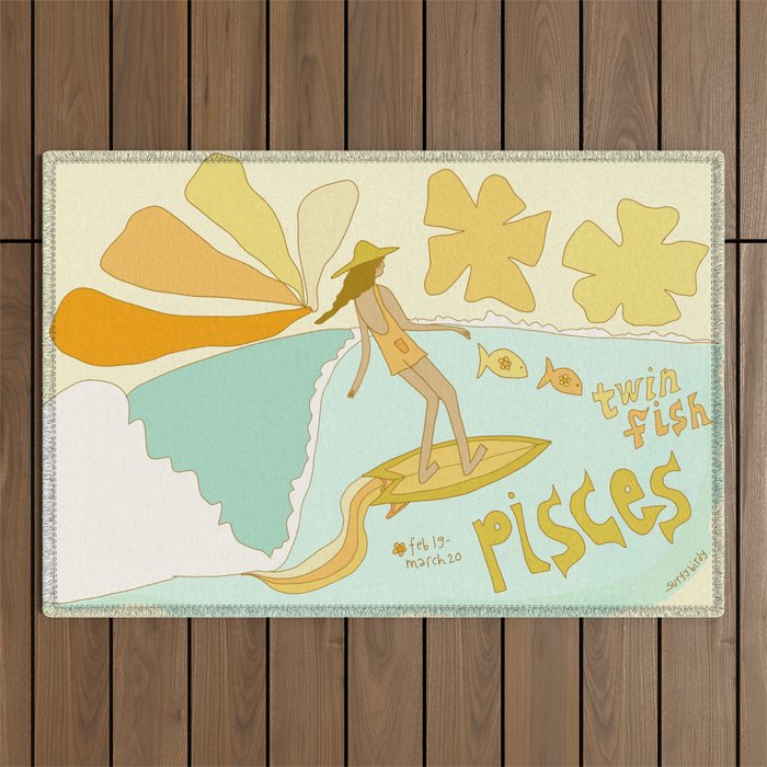 Pisces surf zodiac // retro art by surfy birdy Outdoor Rug Gallery Image 1