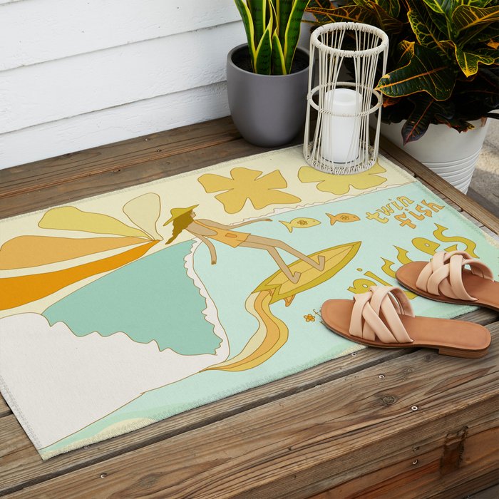 Pisces surf zodiac // retro art by surfy birdy Outdoor Rug Gallery Image 2