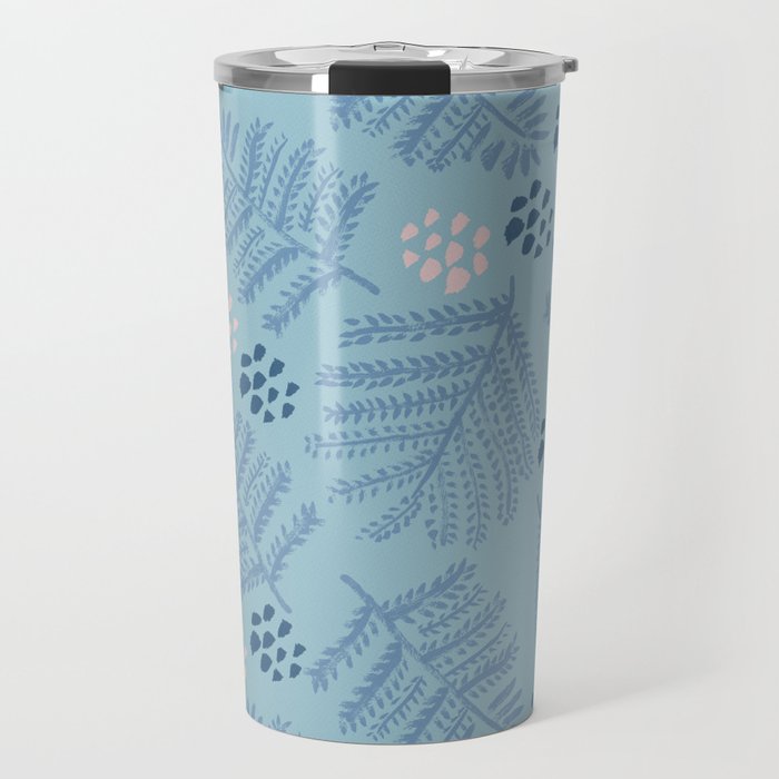 Winter & Woodsy Pine Trees in Warm Blue Travel Mug Gallery Image 1