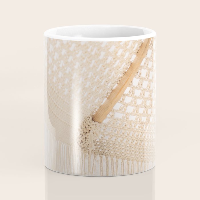 Boho crochet beach umbrella close-up, neutral minimalist summer photo Coffee Mug Gallery Image 4