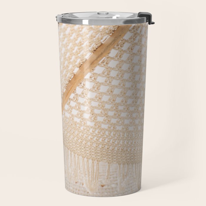 Boho crochet beach umbrella close-up, neutral minimalist summer photo Travel Mug Gallery Image 2