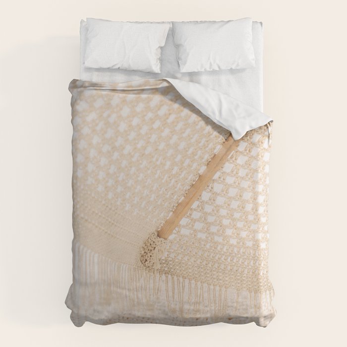 Boho crochet beach umbrella close-up, neutral minimalist summer photo Duvet Cover Gallery Image 6