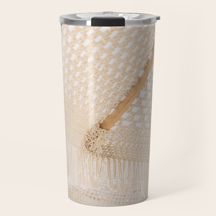 Boho crochet beach umbrella close-up, neutral minimalist summer photo Travel Mug Gallery Image 1