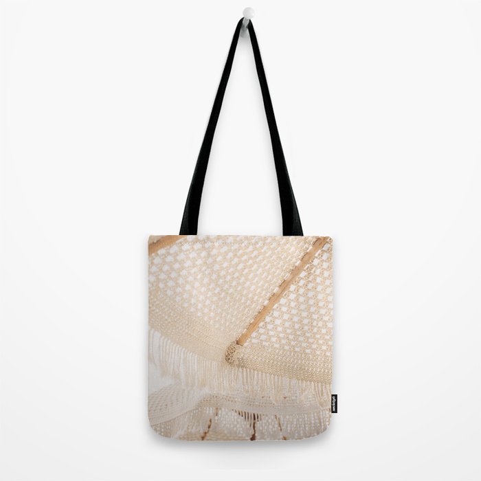 Boho crochet beach umbrella close-up, neutral minimalist summer photo Tote Bag Gallery Image 2