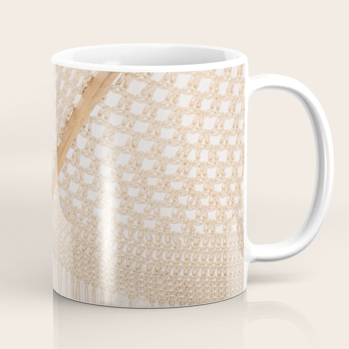 Boho crochet beach umbrella close-up, neutral minimalist summer photo Coffee Mug Gallery Image 1