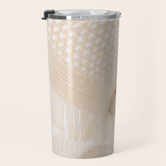 Boho crochet beach umbrella close-up, neutral minimalist summer photo Travel Mug Gallery Image 3