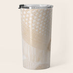 Boho crochet beach umbrella close-up, neutral minimalist summer photo Travel Mug Gallery Image 3