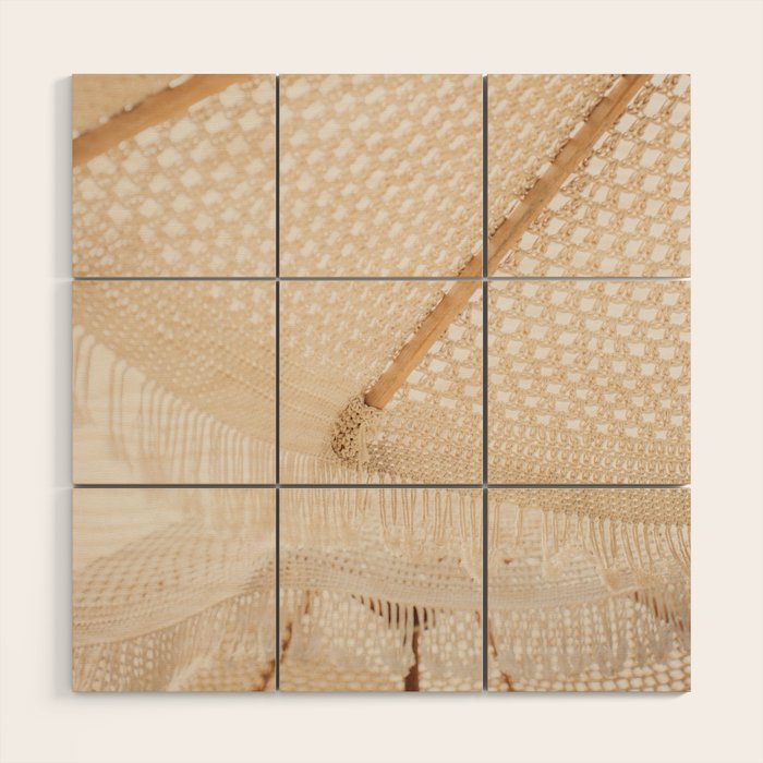 Boho crochet beach umbrella close-up, neutral minimalist summer photo Wood Wall Art Gallery Image 1
