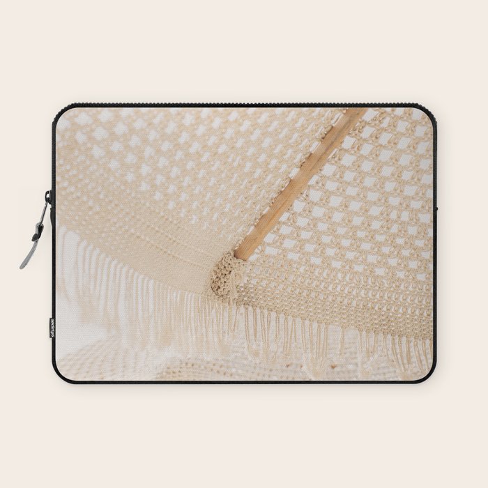 Boho crochet beach umbrella close-up, neutral minimalist summer photo Laptop Sleeve Gallery Image 1