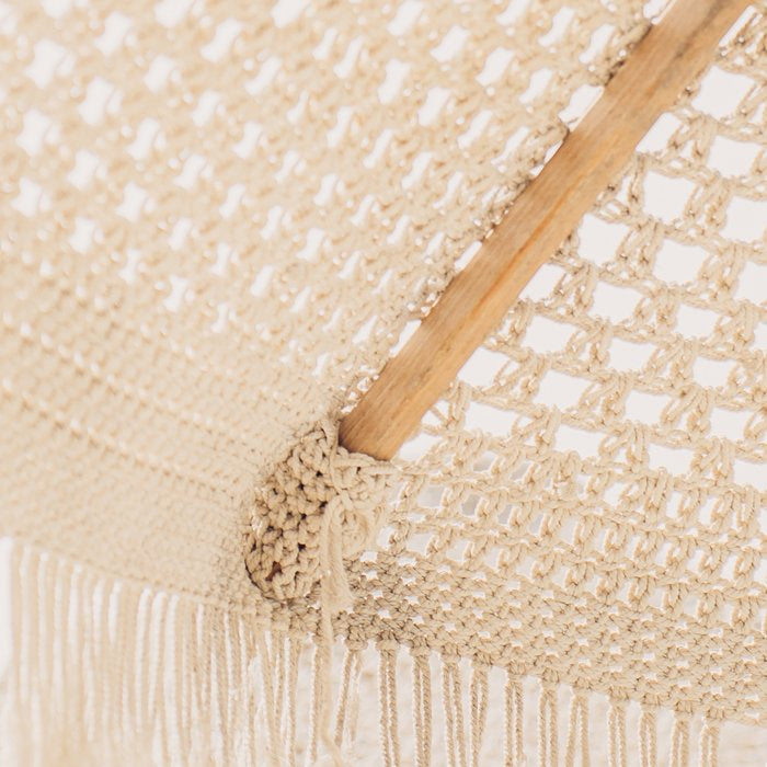 Boho crochet beach umbrella close-up, neutral minimalist summer photo Coffee Mug Gallery Image 2