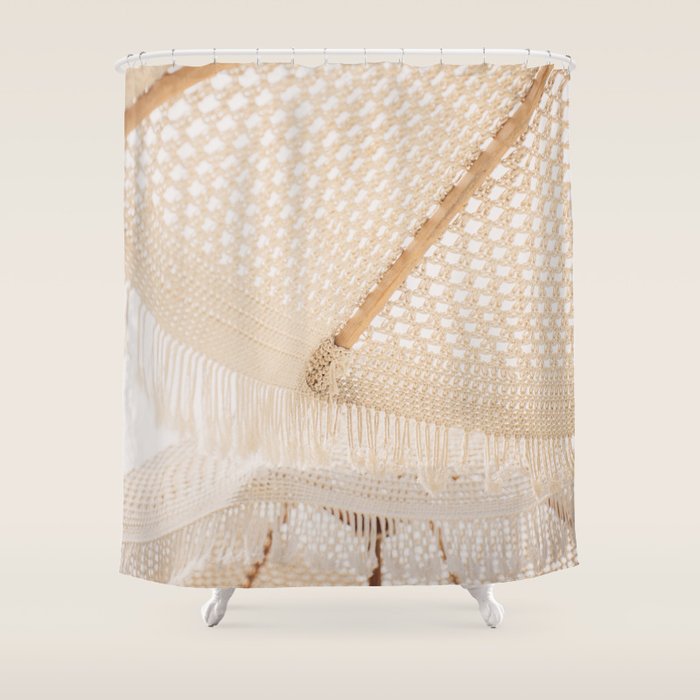 Boho crochet beach umbrella close-up, neutral minimalist summer photo Shower Curtain Gallery Image 1