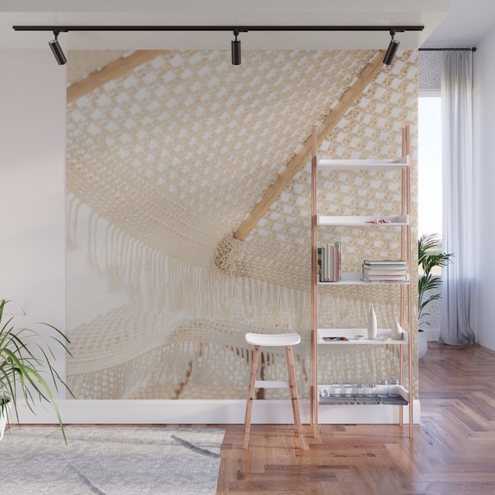 Boho crochet beach umbrella close-up, neutral minimalist summer photo Wall Mural Gallery Image 1