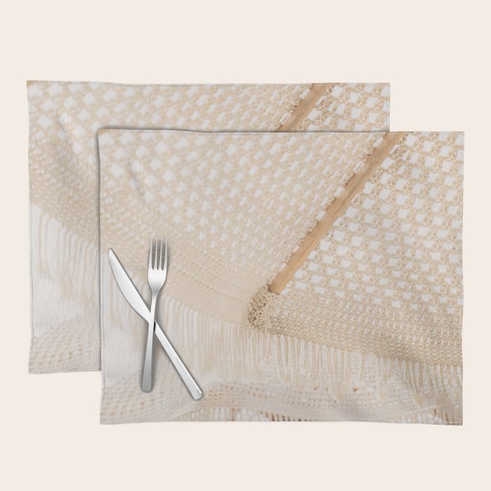 Boho crochet beach umbrella close-up, neutral minimalist summer photo Placemat Gallery Image 1