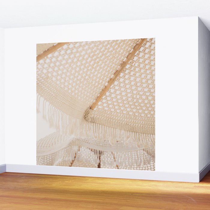 Boho crochet beach umbrella close-up, neutral minimalist summer photo Wall Mural Gallery Image 2