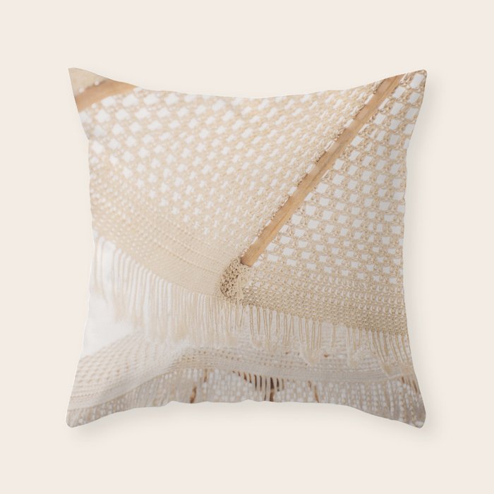 Boho crochet beach umbrella close-up, neutral minimalist summer photo Throw Pillow Gallery Image 1