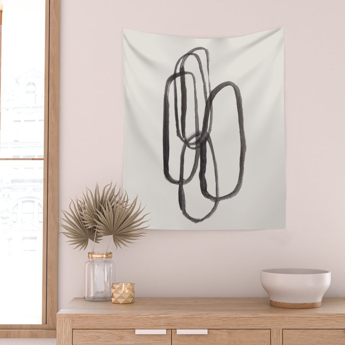 Nesting Ovals Mid Century Modern Minimalist Black Ink Painting Funky Tribal Wall Tapestry Gallery Image 2