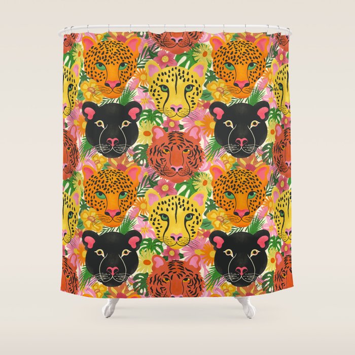 Maximalist Jungle Tiger Cheetah Leopard and Jaguar Shower Curtain Gallery Image 1