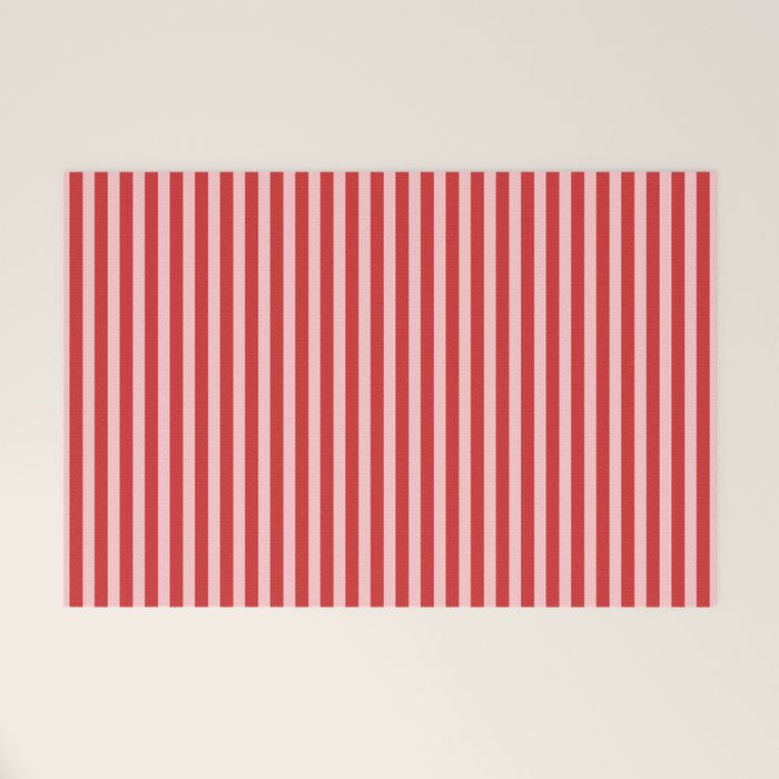 Ultra Fine Stripes Vertical Pattern in Retro Christmas Red and Pink Welcome Mat Gallery Image 1