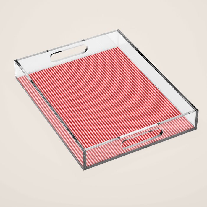 Ultra Fine Stripes Vertical Pattern in Retro Christmas Red and Pink Acrylic Tray Gallery Image 1