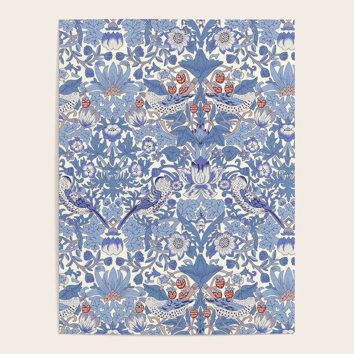 William Morris Strawberry Thief Powder Blue & Red Poster Gallery Image 1
