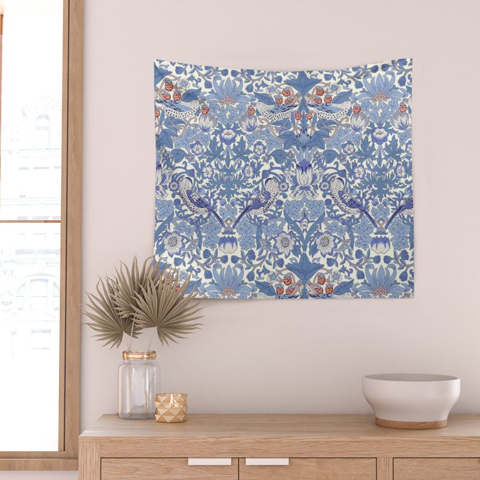 William Morris Strawberry Thief Powder Blue & Red Wall Tapestry Gallery Image 2