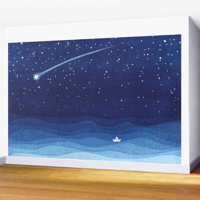 Falling star, shooting star, sailboat ocean waves blue sea Wall Mural Gallery Image 2