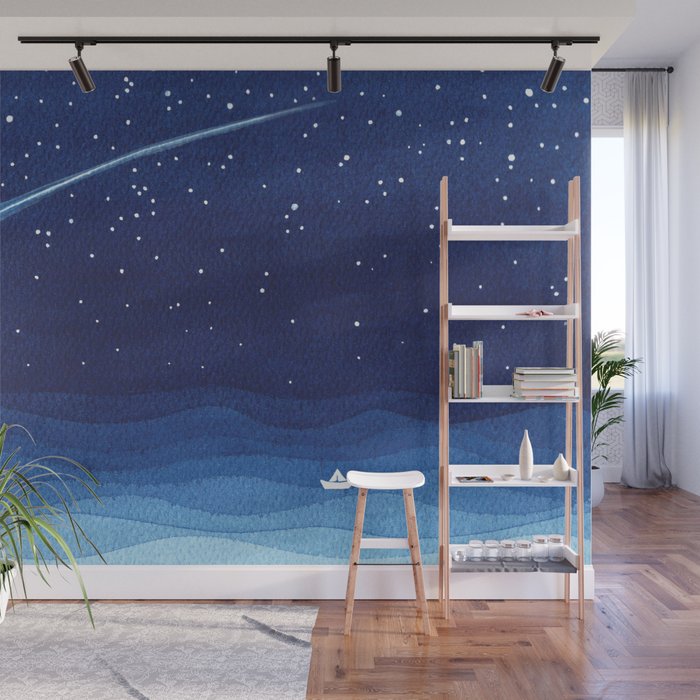 Falling star, shooting star, sailboat ocean waves blue sea Wall Mural Gallery Image 1