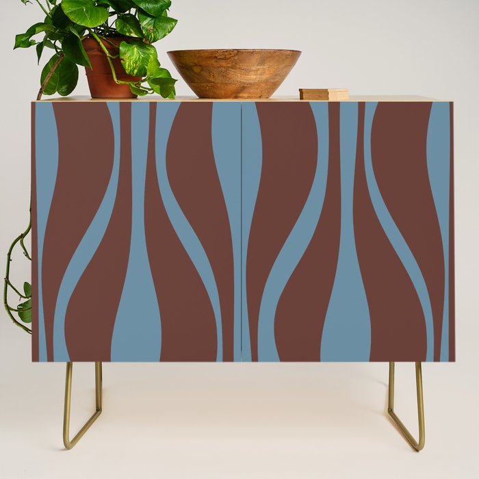 Mid-Century Modern Retro Lounge Striped Ogee Pattern Brown and Blue Credenza Gallery Image 1