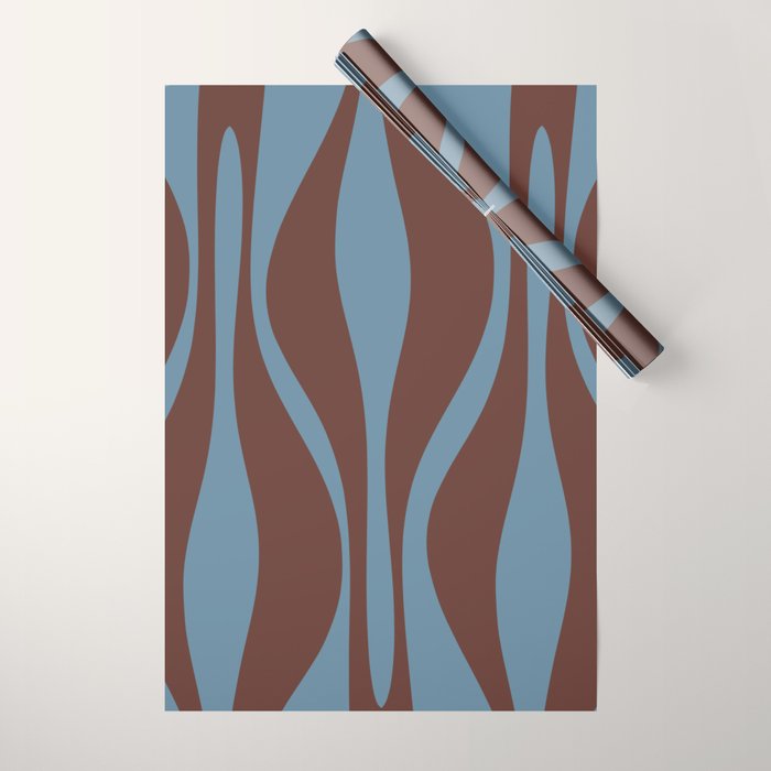 Mid-Century Modern Retro Lounge Striped Ogee Pattern Brown and Blue Wrapping Paper Gallery Image 1