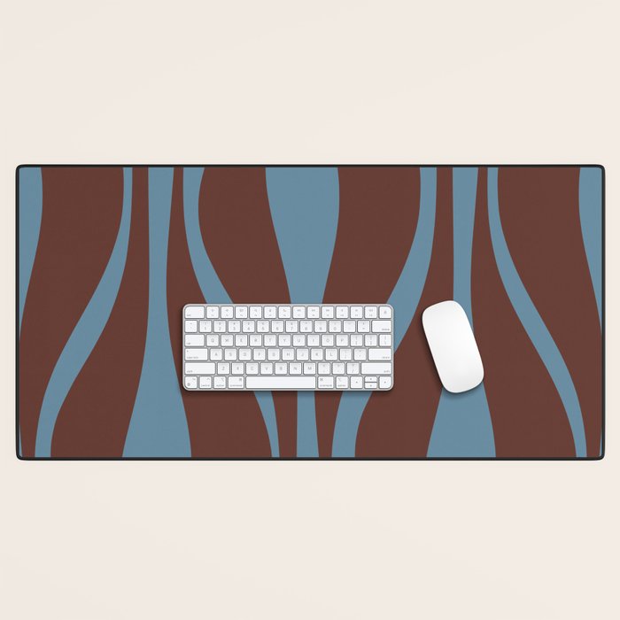 Mid-Century Modern Retro Lounge Striped Ogee Pattern Brown and Blue Desk Mat Gallery Image 1