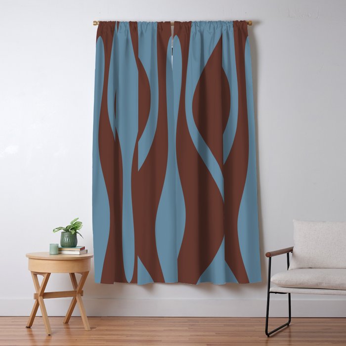 Mid-Century Modern Retro Lounge Striped Ogee Pattern Brown and Blue Window Curtain Gallery Image 5