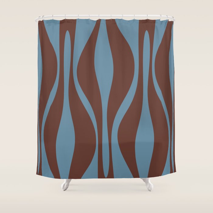 Mid-Century Modern Retro Lounge Striped Ogee Pattern Brown and Blue Shower Curtain Gallery Image 1