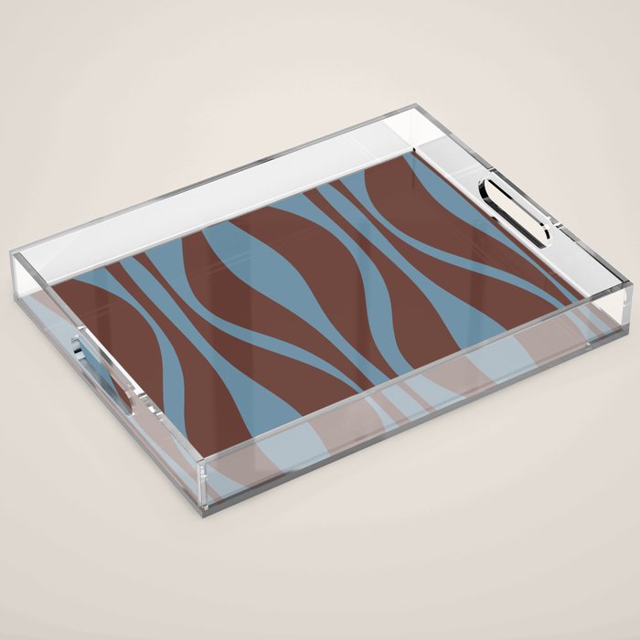 Mid-Century Modern Retro Lounge Striped Ogee Pattern Brown and Blue Acrylic Tray Gallery Image 1