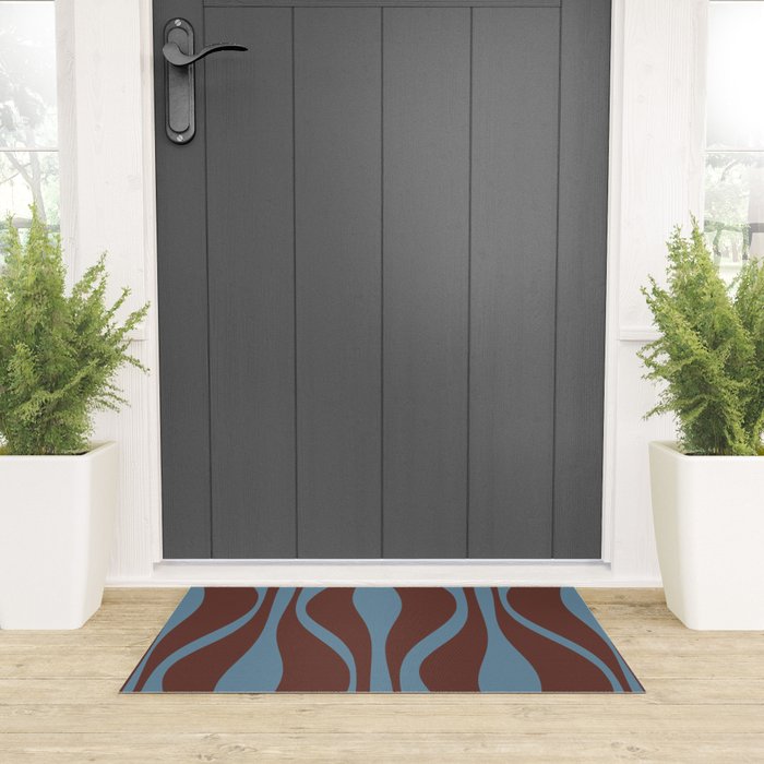 Mid-Century Modern Retro Lounge Striped Ogee Pattern Brown and Blue Welcome Mat Gallery Image 3