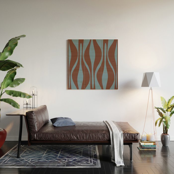 Mid-Century Modern Retro Lounge Striped Ogee Pattern Brown and Blue Wood Wall Art Gallery Image 2