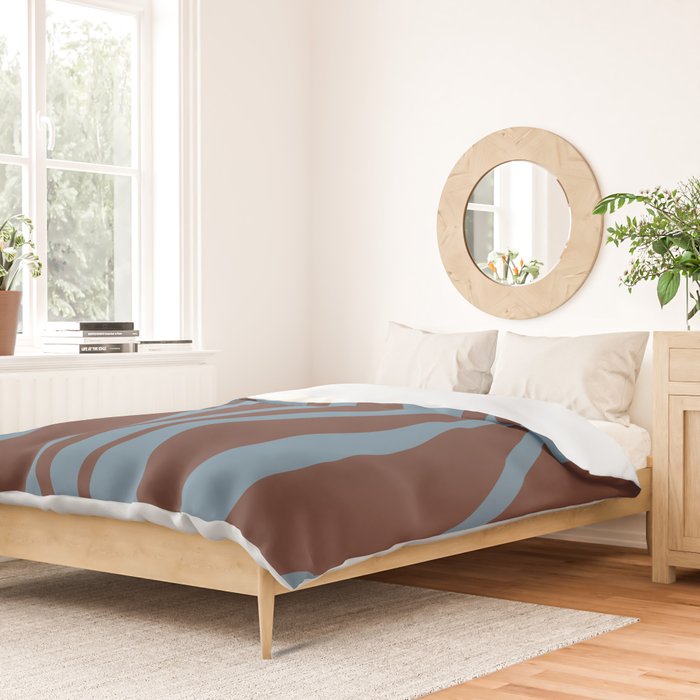 Mid-Century Modern Retro Lounge Striped Ogee Pattern Brown and Blue Duvet Cover Gallery Image 2