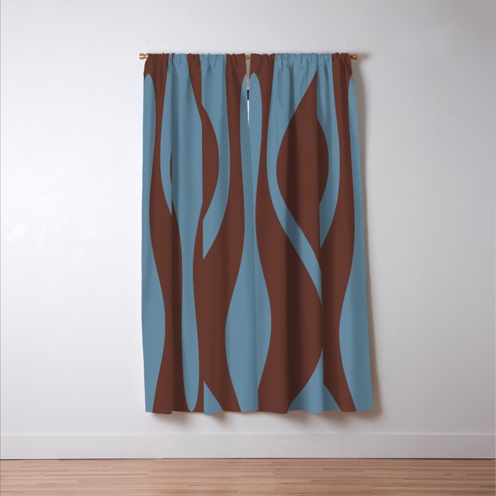 Mid-Century Modern Retro Lounge Striped Ogee Pattern Brown and Blue Window Curtain Gallery Image 3