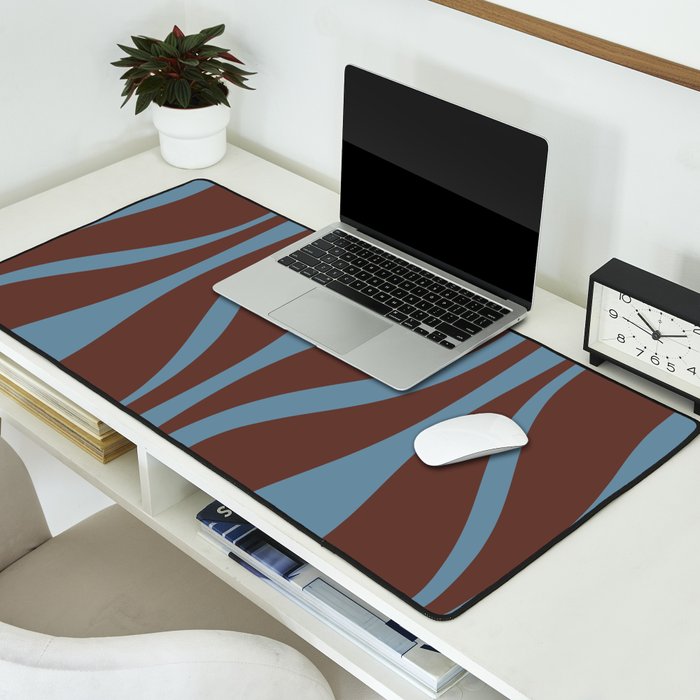 Mid-Century Modern Retro Lounge Striped Ogee Pattern Brown and Blue Desk Mat Gallery Image 2