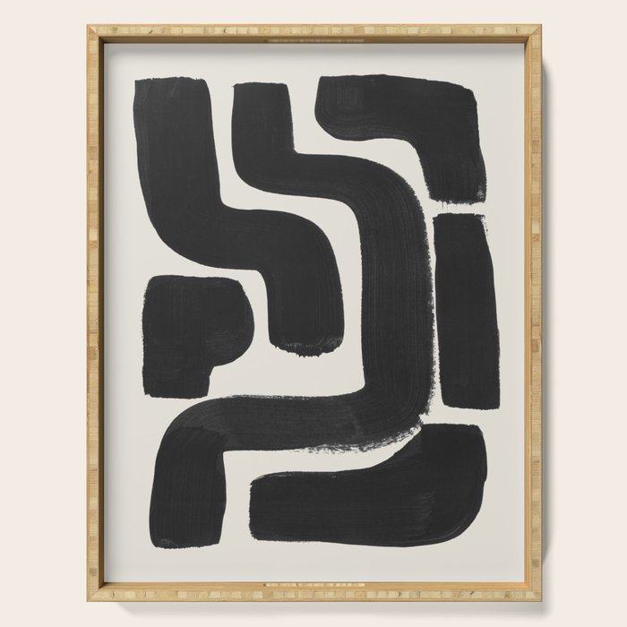 Black Ink Paint Brush Strokes Abstract Organic Pattern Mid Century Style Serving Tray Gallery Image 1