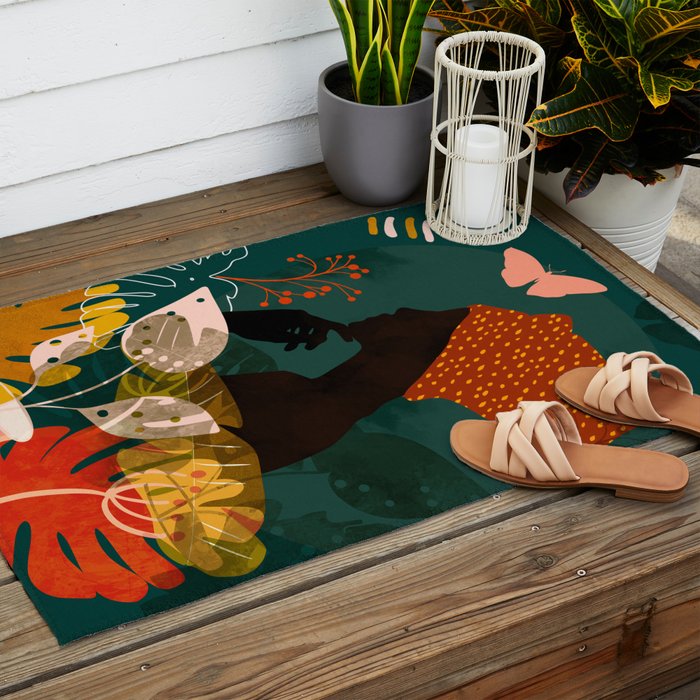 mid century black summer garden Outdoor Rug Gallery Image 2