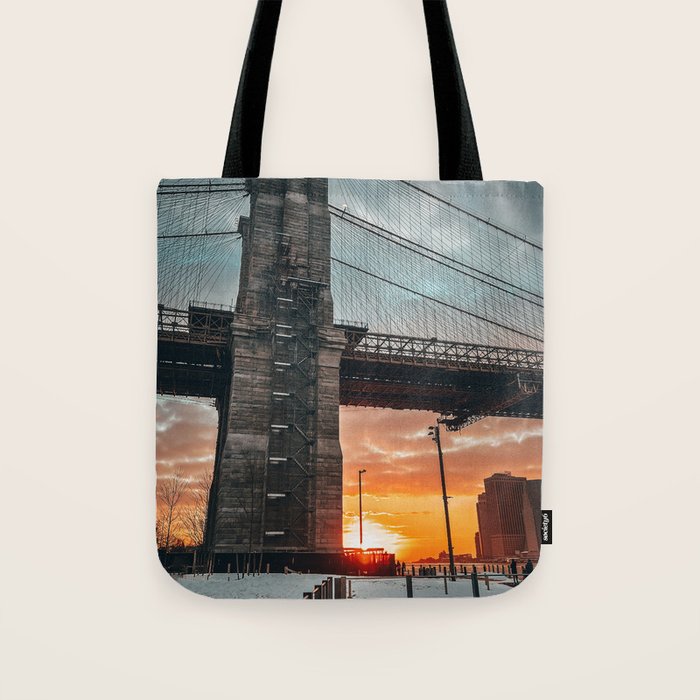 New York City Brooklyn Bridge during winter Tote Bag Gallery Image 1
