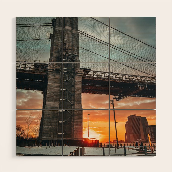 New York City Brooklyn Bridge during winter Wood Wall Art Gallery Image 1