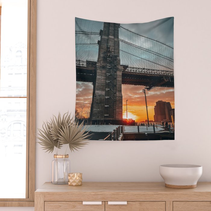 New York City Brooklyn Bridge during winter Wall Tapestry Gallery Image 2