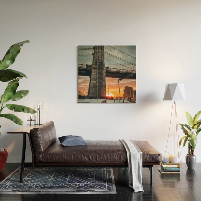 New York City Brooklyn Bridge during winter Wood Wall Art Gallery Image 2