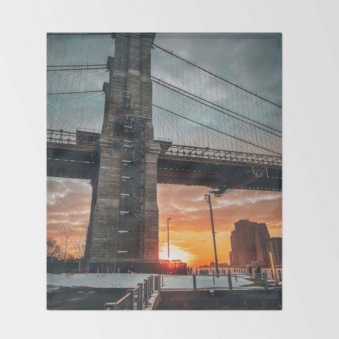 New York City Brooklyn Bridge during winter Throw Blanket Gallery Image 2