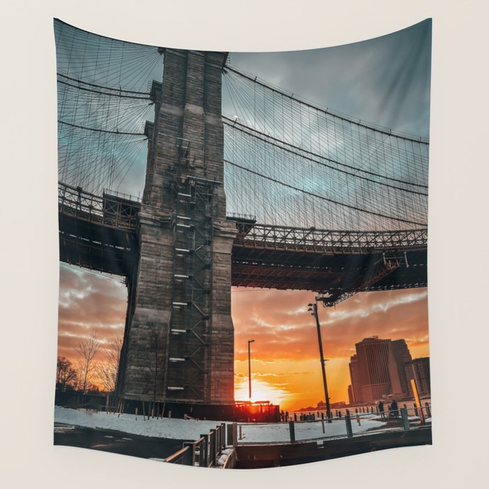 New York City Brooklyn Bridge during winter Wall Tapestry Gallery Image 4